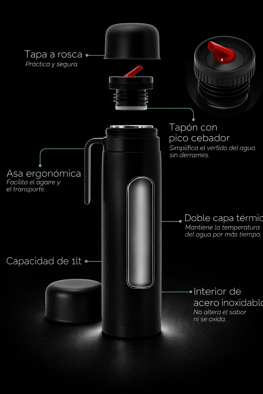 Termo Acero Inoxidable 1L Con Media Manija